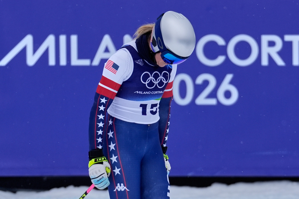 FILE - United States' Lindsey Vonn arrives at the finish area during the alpine ski women's downhill training at the 2026 Winter Olympics, in Cortina d'Ampezzo, Italy, Saturday, Feb. 7, 2026. (AP Photo/Robert F. Bukaty, File)
