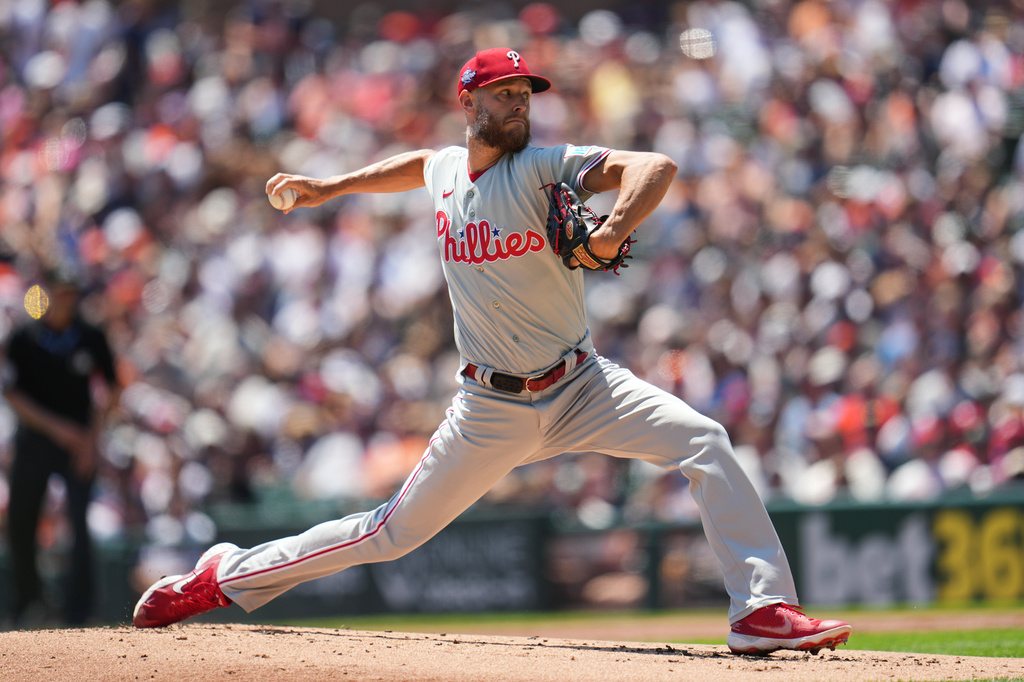 Philadelphia Phillies pitcher Zack Wheeler throws against the Detroit Tigers during the first inning Sunday, July 12, 2026, in Detroit. (AP Photo/Paul Sancya)