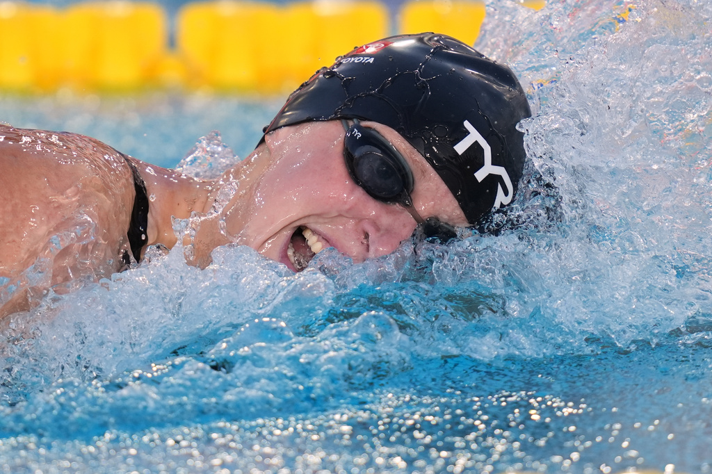 Katie Ledecky, of the United States, competes in the women's 400 meters freestlye final at the Pan Pacific Swimming Championships Friday, Aug. 14, 2026 in Irvine, Calif. (AP Photo/Gregory Bull)