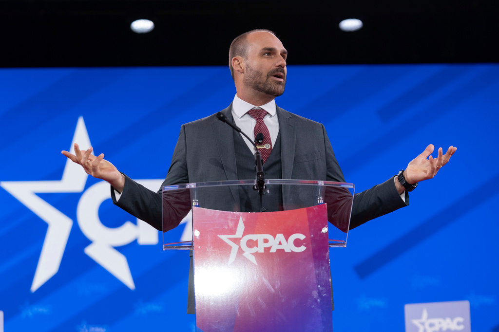 FILE - Eduardo Bolsonaro, a member of the Brazil Chamber of Deputies, speaks during the Conservative Political Action Conference in Oxon Hill, Md., Feb. 20, 2025. (AP Photo/Jose Luis Magana, File)