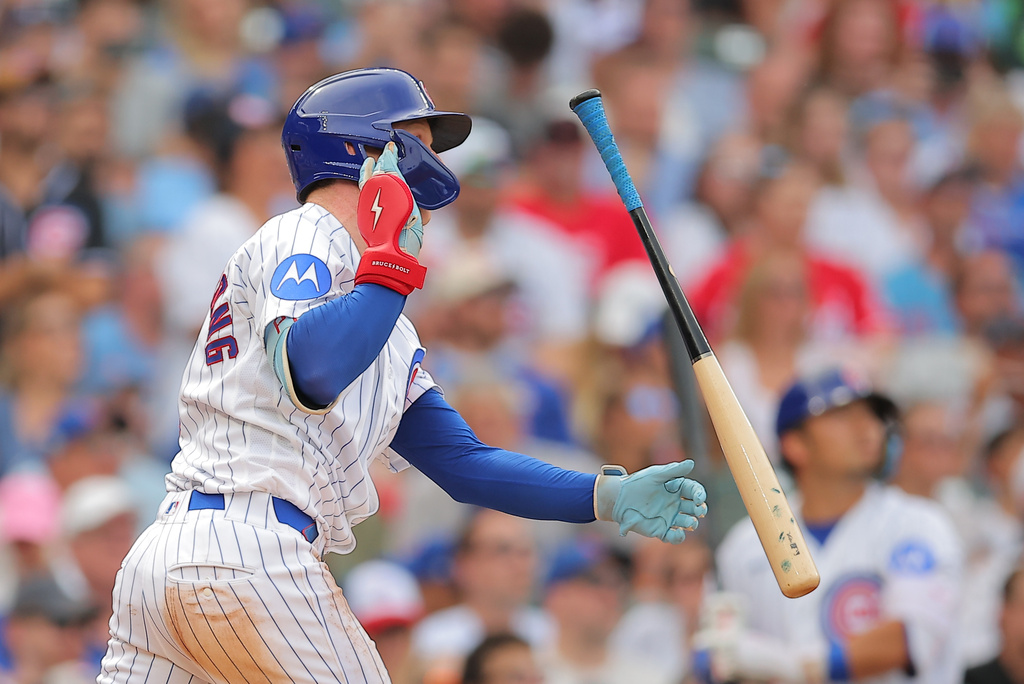 Chicago Cubs' Pete Crow-Armstrong flips his bat after hitting a three-run home run during the seventh inning of a baseball game against the Cincinnati Reds, Saturday, Aug. 29, 2026, in Chicago. (AP Photo/Melissa Tamez)