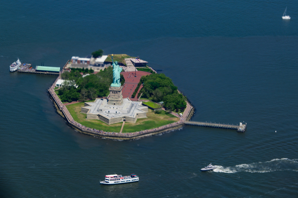 FILE - An aerial view shows the Statue of Liberty on Liberty Island in New York Harbor, June 9, 2026. (AP Photo/Kelly Marsh, File)