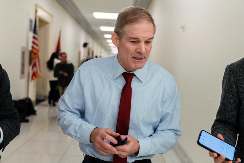 House Judiciary Committee Chair Jim Jordan talks to reporters during a break as house members question former Department of Justice Special Counsel Jack Smith in a closed-door interview at Capitol Hill, Wednesday, Dec. 17, 2025, in Washington. (AP Photo/Jose Luis Magana)