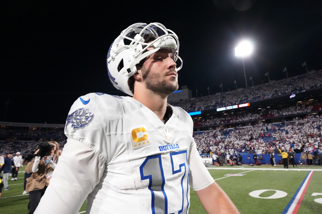 Buffalo Bills quarterback Josh Allen (17) walks off the field after the team's loss to the New England Patriots in an NFL football game, Sunday, Sept. 5, 2025, in Orchard Park, N.Y. (AP Photo/Gene J. Puskar)
