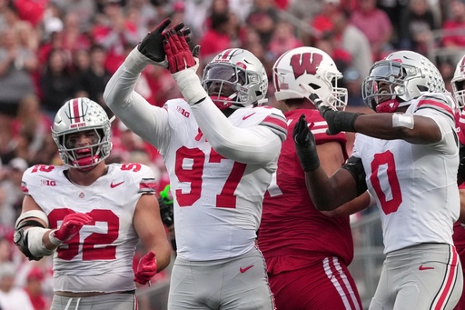 Ohio State's Kenyatta Jackson Jr. reacts after sacking Wisconsin quarterback Danny O'Neil during the second half of an NCAA college football game Saturday, Oct. 18, 2025, in Madison, Wis. (AP Photo/Morry Gash) Ohio State's Kenyatta Jackson Jr. reacts after sacking Wisconsin quarterback Danny O'Neil during the second half of an NCAA college football game Saturday, Oct. 18, 2025, in Madison, Wis. (AP Photo/Morry Gash)
