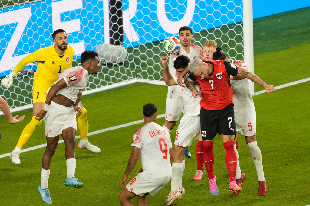 Jordan's Yazan Alarab, right, scores on his own goal during the World Cup Group J soccer match against Austria in Santa Clara, Calif., near San Francisco, Tuesday, June 16, 2026. (AP Photo/Jeff Chiu)