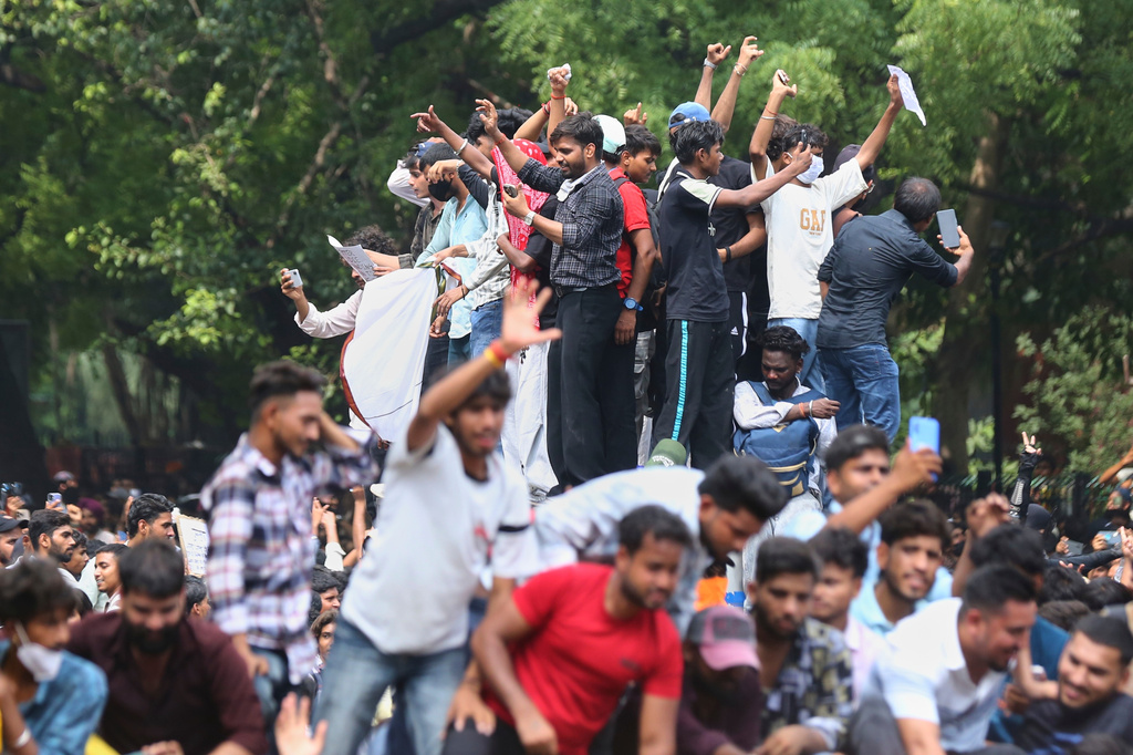 Protesters participate in a demonstration demanding educational reforms as part of the Cockroach Janta Party's ongoing protest movement in New Delhi, India, Saturday, July 25, 2026. (AP Photo/Vipin)