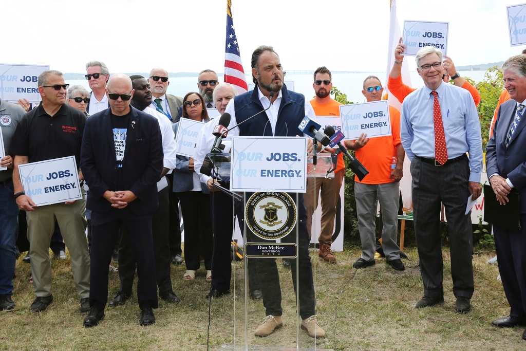 Michael Sabitoni, Laborers' International Union of North America leader, talks about how unions will push to make sure offshore wind projects move forward during a news conference in North Kingstown, R.I., on Monday, Aug. 25, 2025. (AP Photo/Jennifer McDermott)