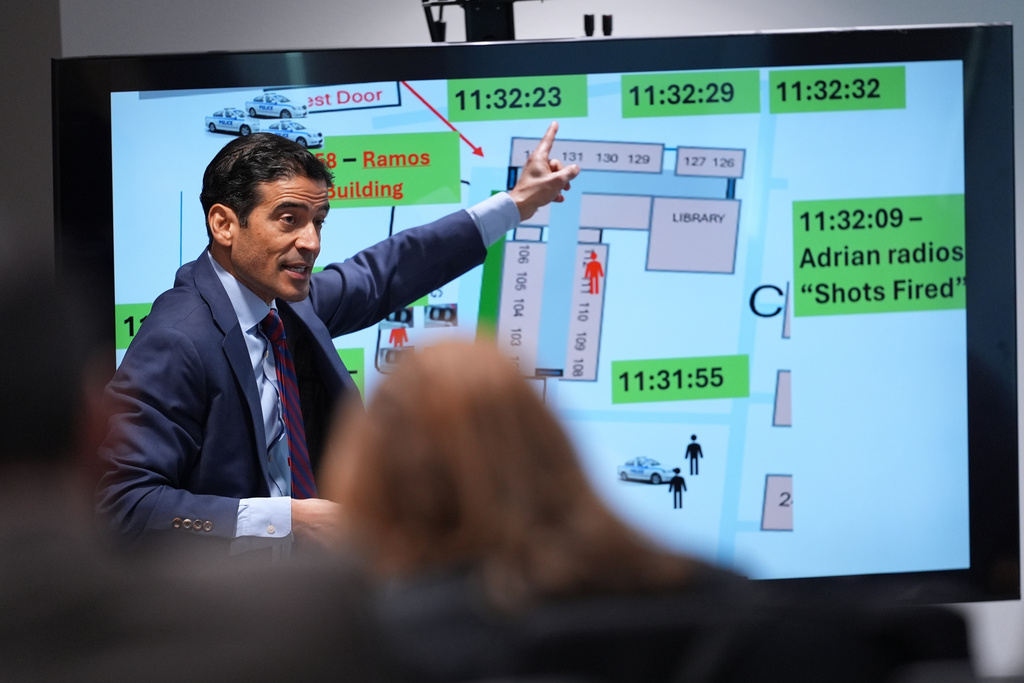 Attorney Nico LaHood makes opening arguments during a trial for former Uvalde school district police officer Adrian Gonzales at the Nueces County Courthouse in Corpus Christi, Texas, Tuesday, Jan. 6, 2026. (AP Photo/Eric Gay, Pool)