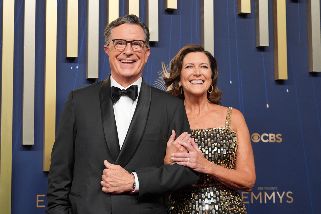 FILE - Stephen Colbert, left, and Evelyn McGee-Colbert appear at the 77th Primetime Emmy Awards in Los Angeles on Sept. 14, 2025. (AP Photo/Jae C. Hong, File)