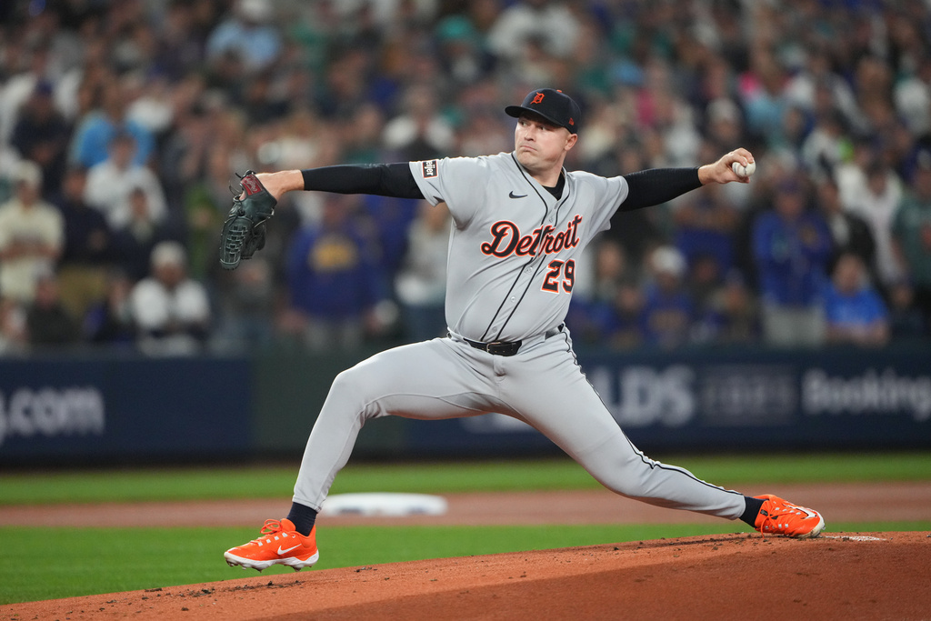 Detroit Tigers pitcher Tarik Skubal throws during the first inning in Game 5 of baseball's American League Division Series against the Seattle Mariners, Friday, Oct. 10, 2025, in Seattle. (AP Photo/Lindsey Wasson)