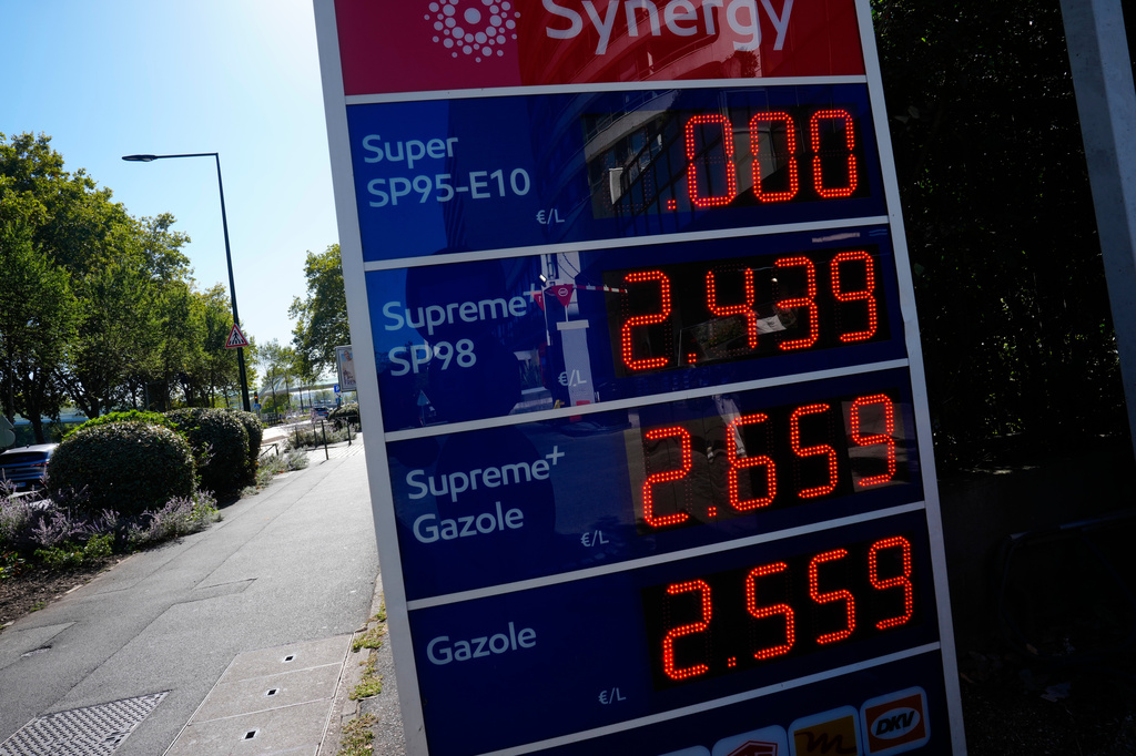A board shows the price at a gas station in Puteaux, outside Paris, Tuesday Sept. 22, 2026. (AP Photo/Teresa Suarez)