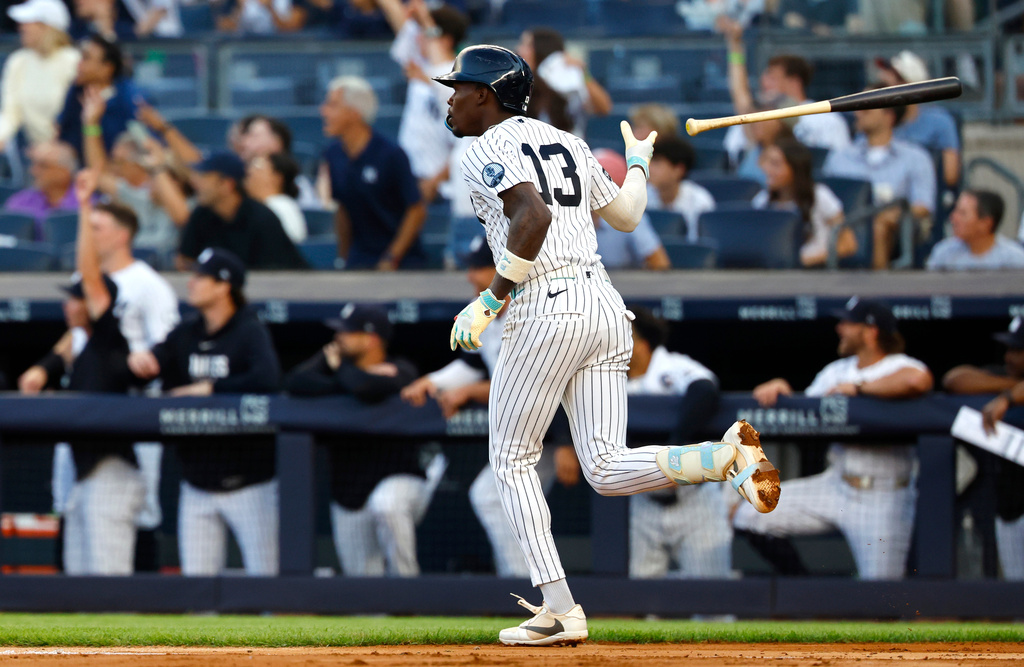 New York Yankees' Jazz Chisholm Jr. tosses his bat after hitting a home run against the Pittsburgh Pirates during the first inning of a baseball game, Monday, July 20, 2026, in New York. (AP Photo/Noah K. Murray)