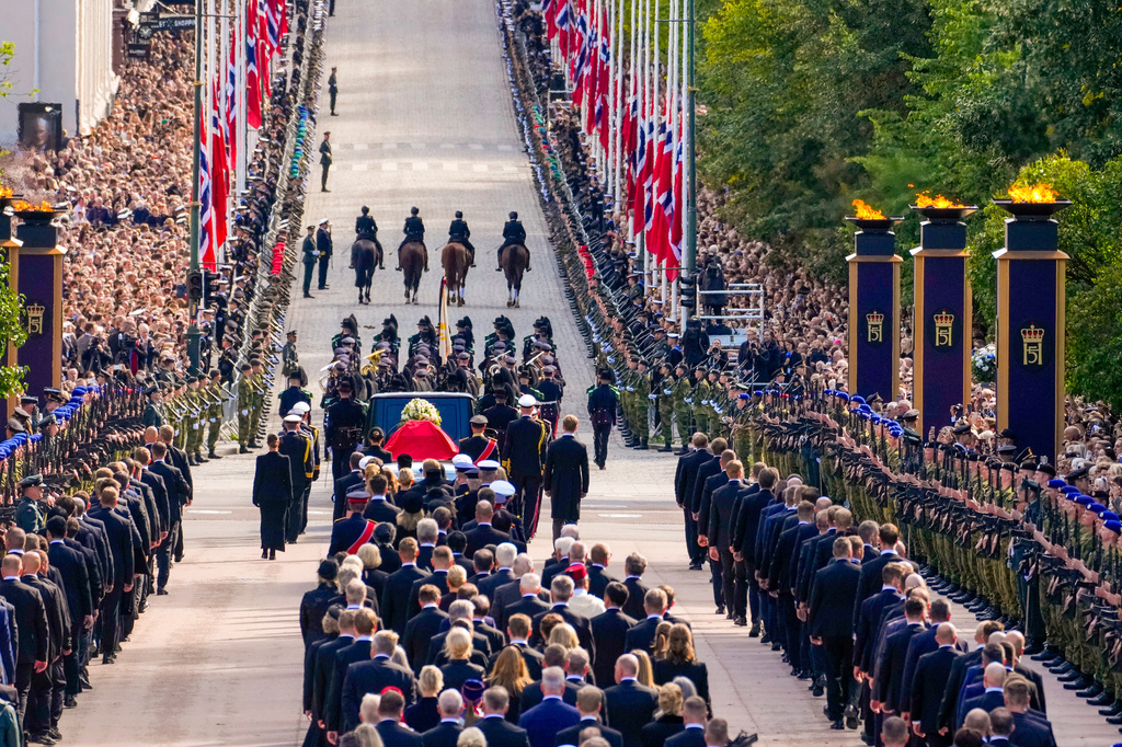 The coffin of Norway’s King Harald V is carried from the Royal Palace to Oslo Cathedral during a funeral procession in Oslo, Norway, Wednesday, Sept. 9, 2026. (Ole Berg-Rusten Name/NTB via AP, Pool)