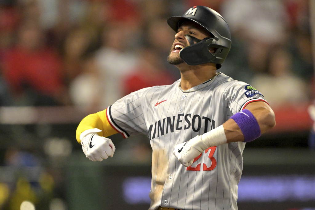 Minnesota Twins' Royce Lewis celebrates after hitting a two-run home run during the fifth inning of a baseball game against the Los Angeles Angels, Monday, Sept. 8, 2025, in Anaheim, Calif. (AP Photo/Jayne Kamin-Oncea)