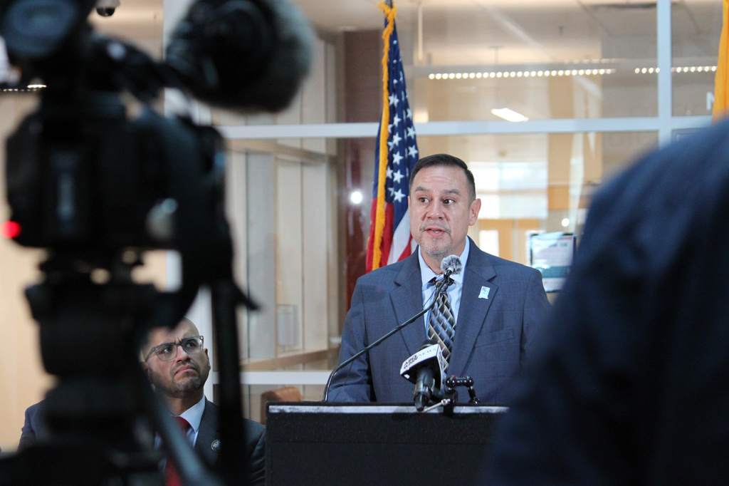Española Mayor Dennis Tim Salazar speaks during a news conference in Albuquerque, on Monday, June 29, 2026. (AP Photo/Susan Montoya Bryan)
