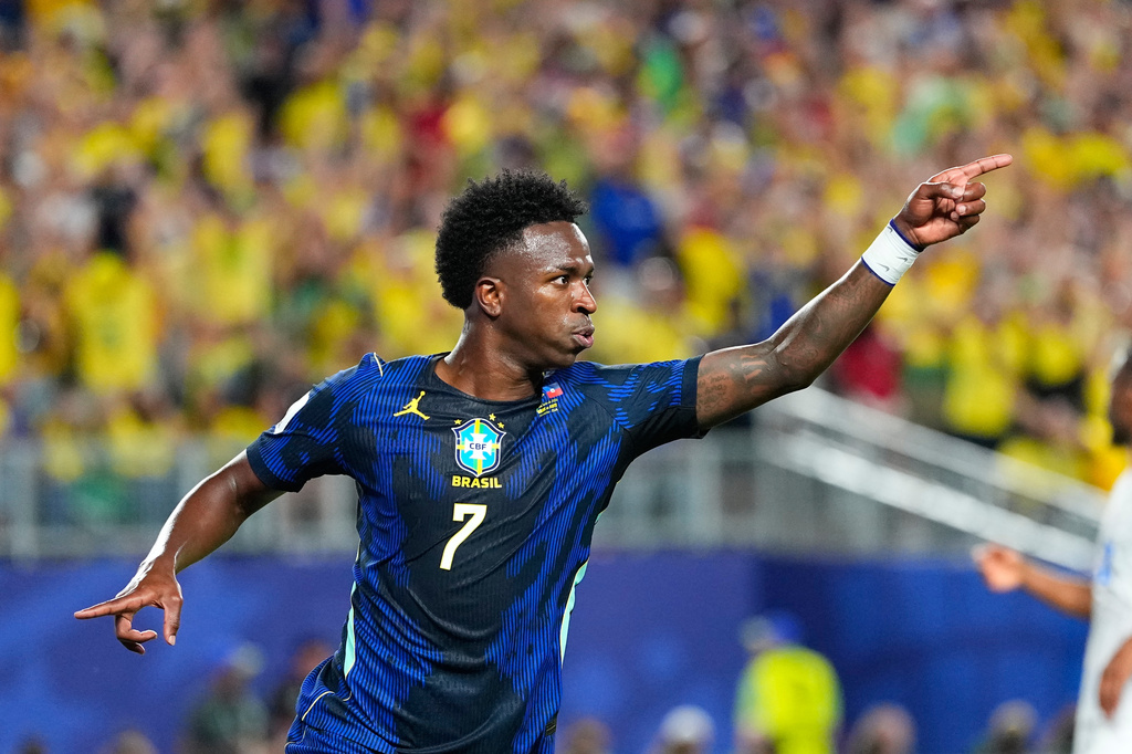 Brazil's Vinicius Junior (7) celebrates after scoring his side's third goal during the World Cup Group C soccer match between Brazil and Haiti in Philadelphia, Friday, June 19, 2026. (AP Photo/Petr David Josek)