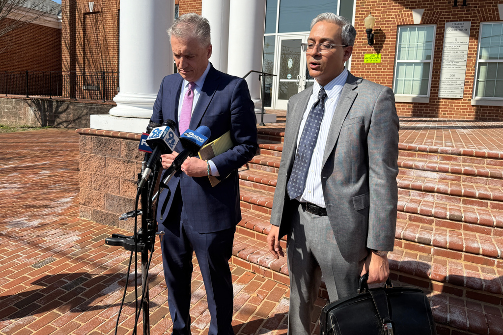 Defense attorneys Hammad Matin, right, and Andrew Jezic, who are representing Dayton James Webber, speak to reporters outside of Charles County District Court in La Plata, Md.,, on Wednesday, April 1, 2026. (AP Photo/Brian Witte)