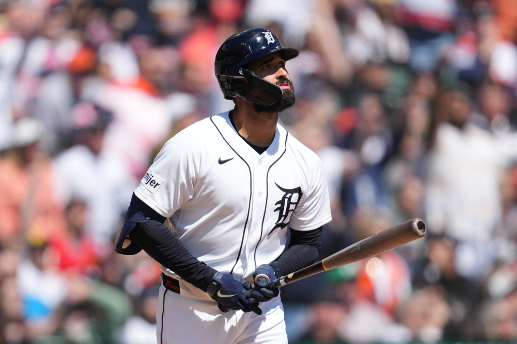 Detroit Tigers' Riley Greene watches his three-run home run against the Miami Marlins during the third inning of a baseball game Saturday, April 11, 2026, in Detroit. (AP Photo/Paul Sancya)