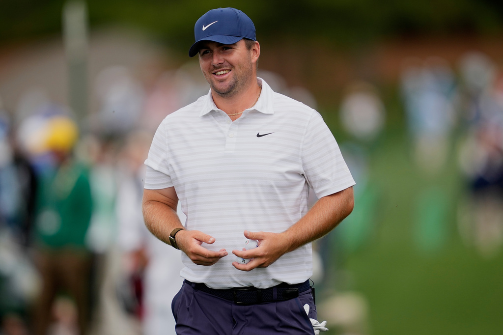 Chris Gotterup stands on the eighth hole during a practice round ahead of the Masters golf tournament at the Augusta National Golf Club, Monday, April 6, 2026, in Augusta, Ga. (AP Photo/Ashley Landis)