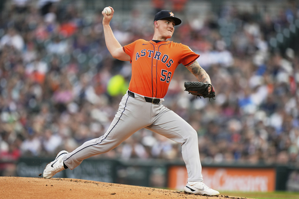 Houston Astros starting pitcher Hunter Brown throws during the first inning of a baseball game against the Detroit Tigers, Tuesday, Aug. 19, 2025, in Detroit. (AP Photo/Ryan Sun)