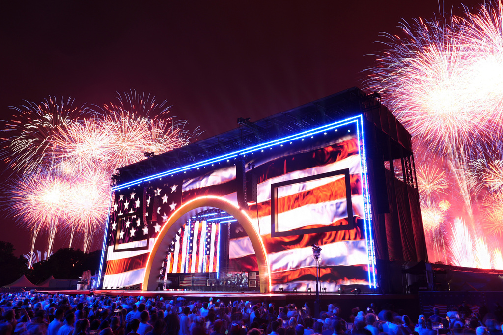 Fireworks explode during Salute to America, an Independence Day event honoring the nation's 250th anniversary, Saturday, July 4, 2026, on the National Mall in Washington. (AP Photo/Mark Schiefelbein)