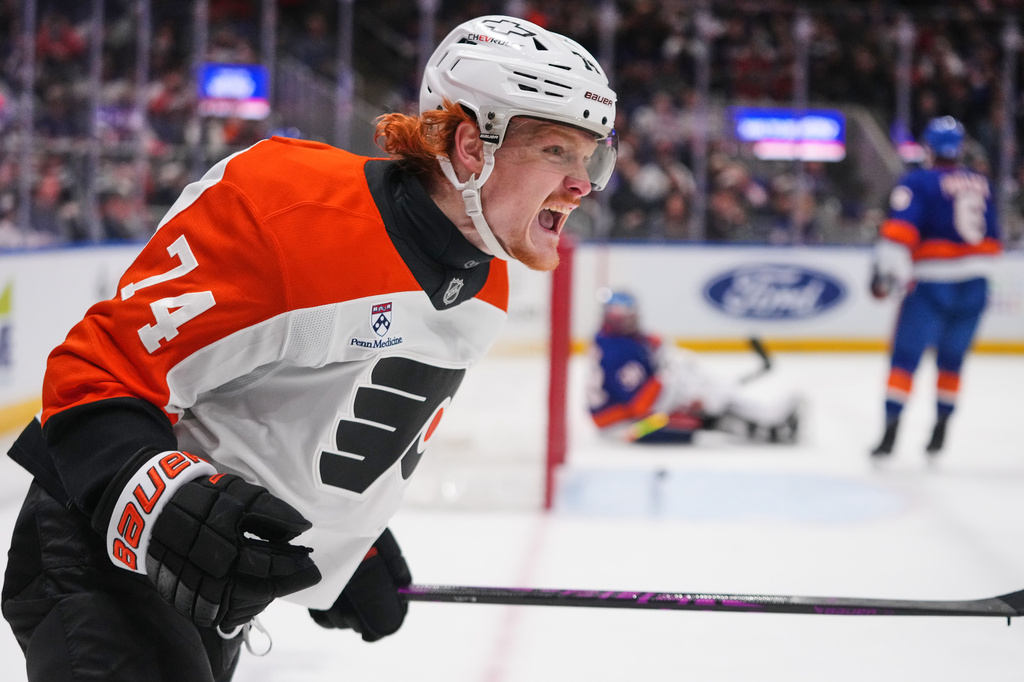 Philadelphia Flyers' Owen Tippett (74) celebrates after scoring a goal during the first period of an NHL hockey game against the New York Islanders Friday, April 3, 2026, in Elmont, N.Y. (AP Photo/Frank Franklin II)