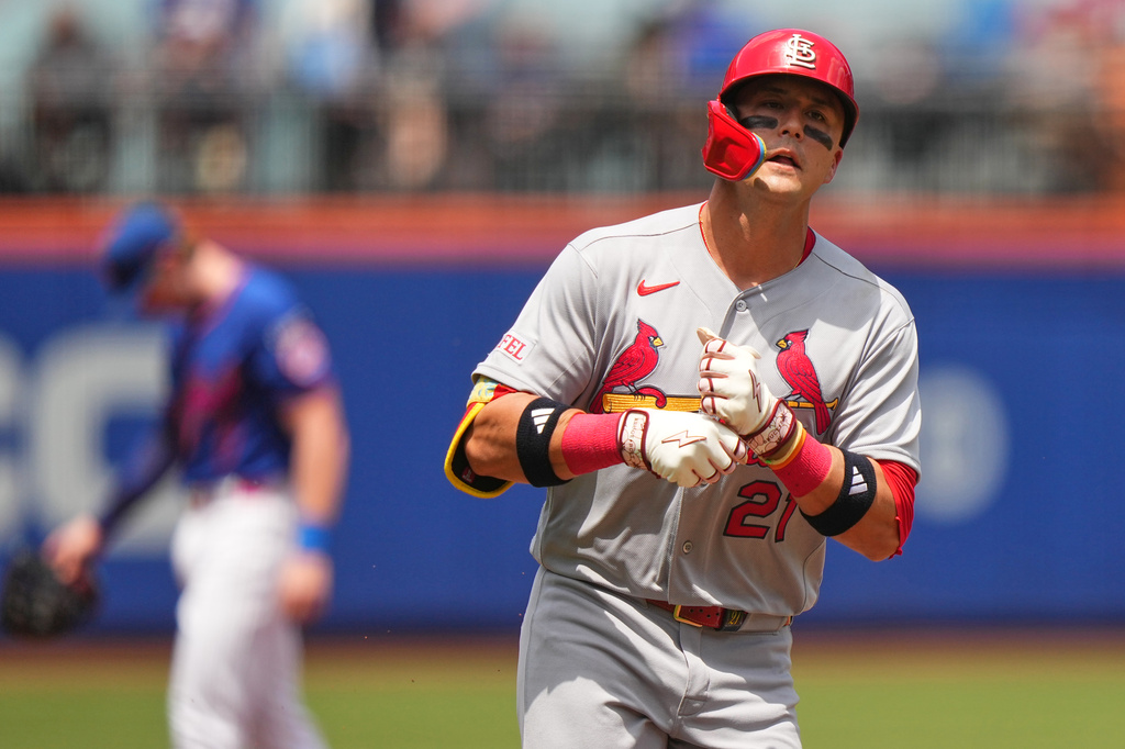St. Louis Cardinals' Lars Nootbaar runs the bases after hitting a home run during the second inning of a baseball game against the New York Mets Thursday, June 11, 2026, in New York. (AP Photo/Frank Franklin II)