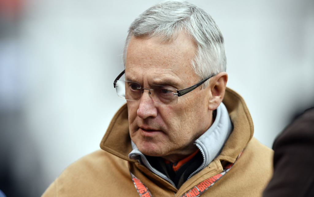 FILE - Jim Tressel, president of Youngstown State University, is shown before an NFL football game between the Green Bay Packers and the Cleveland Browns, Sunday, Dec. 10, 2017, in Cleveland. (AP Photo/David Richard, File)