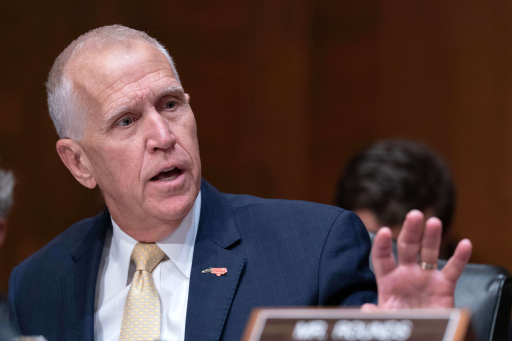 Sen. Thom Tillis, R-N.C., speaks during the confirmation hearing of Kevin Warsh, nominee for Federal Reserve chair, on Capitol Hill, in Washington Tuesday, April 21, 2026. (AP Photo/Jose Luis Magana)