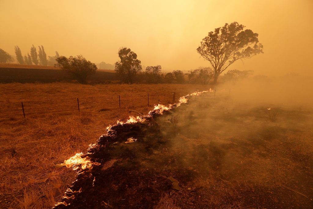 FILE - Fire burns in a field of grass near Bumbalong, south of the Australian capital, Canberra, Feb. 1, 2020. (AP Photo/Rick Rycroft, File)