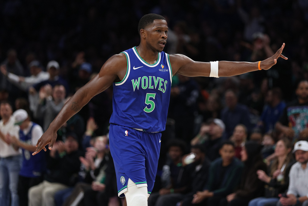 Minnesota Timberwolves guard Anthony Edwards celebrates scoring during the first half of an NBA basketball game against the Toronto Raptors, Sunday, Oct. 25, 2026, in Minneapolis. (AP Photo/Bailey Hillesheim)