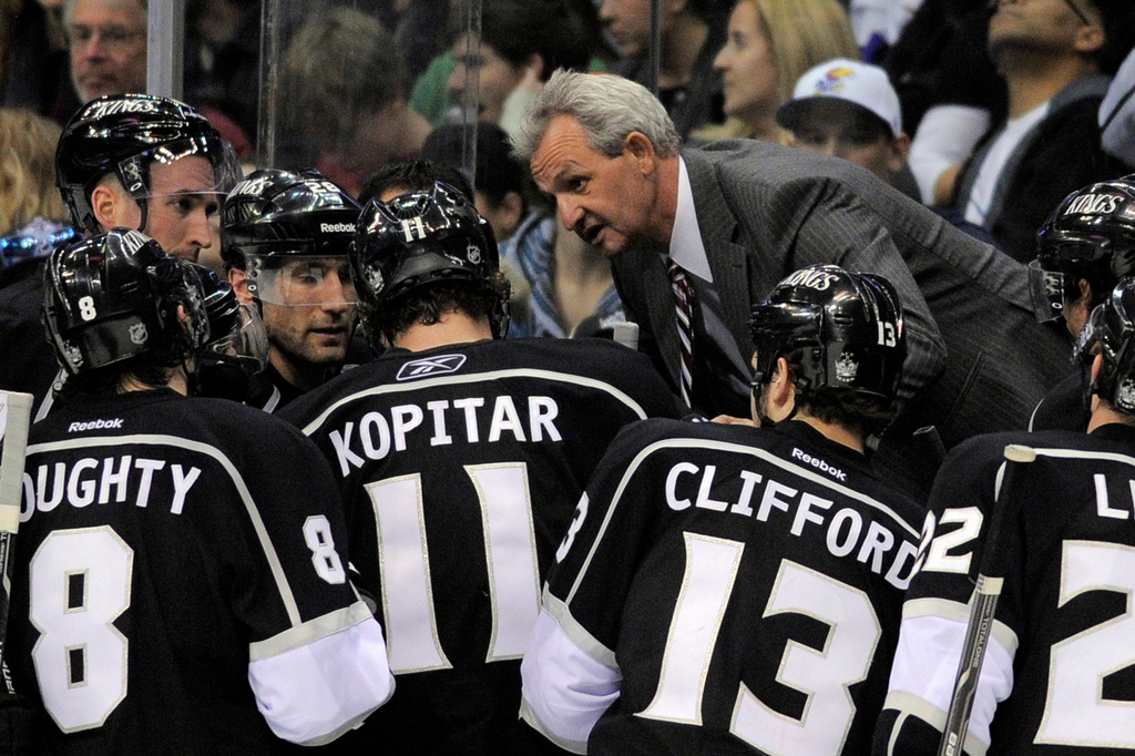 FILE - Los Angeles Kings head coach Darryl Sutter talks to his team during the third period of an NHL hockey game against the Columbus Blue Jackets, Jan. 7, 2012, in Los Angeles. (AP Photo/Mark J. Terrill, File)