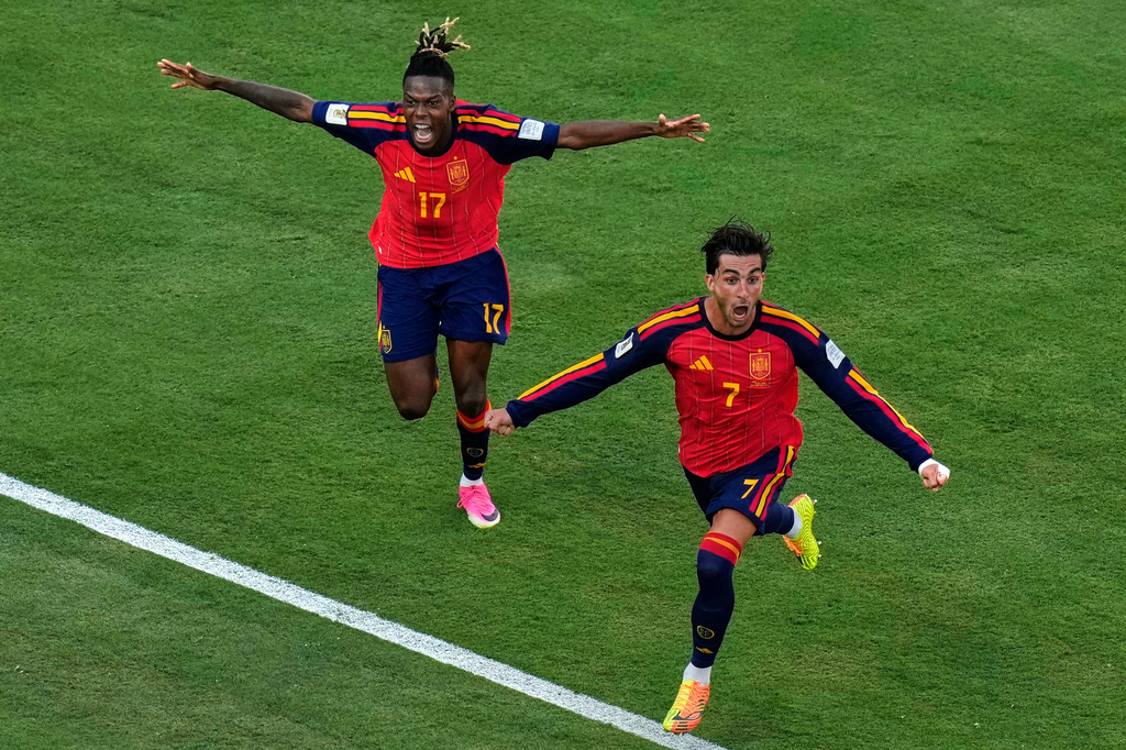 Spain's Ferran Torres (7) celebrates after scoring the opening goal of his team during the World Cup final soccer match between Spain and Argentina in East Rutherford, N.J., near New York, Sunday, July 19, 2026. (AP Photo/Seth Wenig)