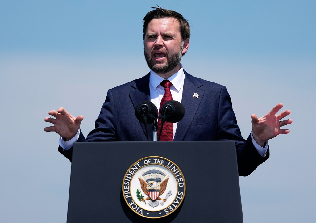 Vice President JD Vance speaks on the flight deck of the USS Kearsarge (LHD-3) in the New York harbor during The International Naval Review honoring America's 250th Anniversary, Saturday, July 4, 2026, in New York. (AP Photo/Frank Franklin II)
