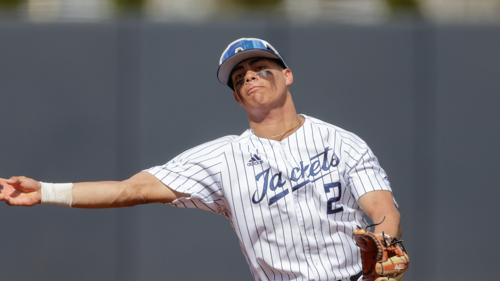 FILE - Georgia Tech's Jarren Advincula (2) throws to first base during an NCAA baseball game against Virginia Tech on Saturday, March 7, 2026 in Atlanta. (AP Photo/Stew Milne, File)