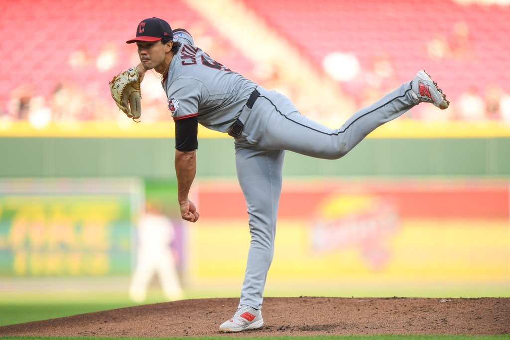 Cleveland Guardians' Joey Cantillo pitches during the first inning of a baseball game against the Cincinnati Reds in Cincinnati, Wednesday, July 29, 2026. (AP Photo/Tanner Pearson)