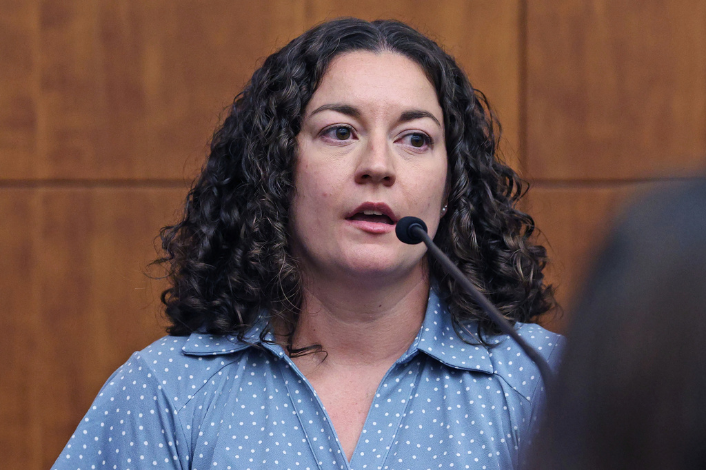 Lindsay Clancy's sister Allison Ozga speaks on the witness stand during Clancy's murder trial in Plymouth Superior Court, in Plymouth, Mass., Monday, Aug. 17, 2026. (Greg Derr/The Patriot Ledger via AP, Pool)