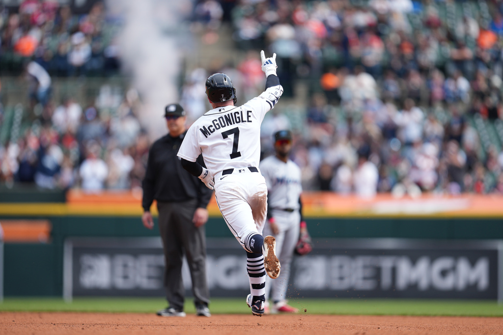 Detroit Tigers' Kevin McGonigle celebrates his home run against the Miami Marlins during the fifth inning of a baseball game Sunday, April 12, 2026, in Detroit. (AP Photo/Paul Sancya)