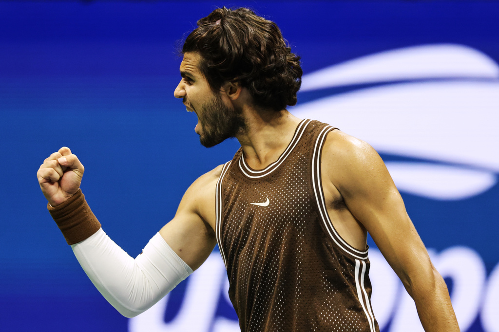 Carlos Alcaraz, of Spain, celebrates winning a match against Jaime Faria, of Portugal, during the second round of the U.S. Open tennis championships, Wednesday, Sept. 2, 2026, in New York. (AP Photo/Adam Hunger)