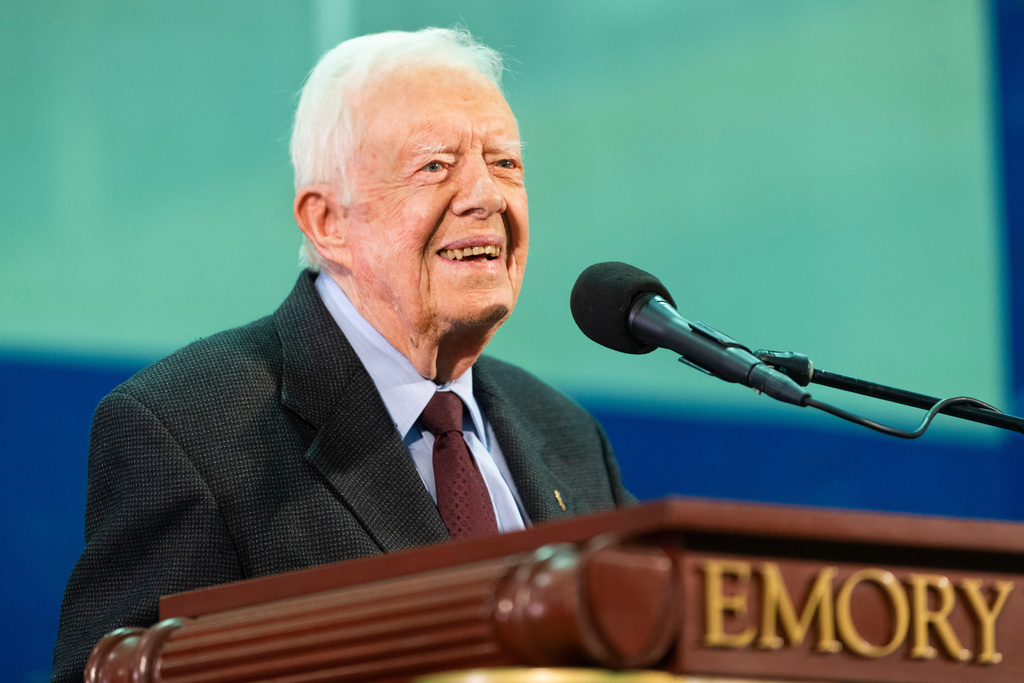 FILE - Former President Jimmy Carter speaks during an annual Carter Town Hall held at Emory University in Atlanta, Sept. 18, 2019. (AP Photo/John Amis, File)