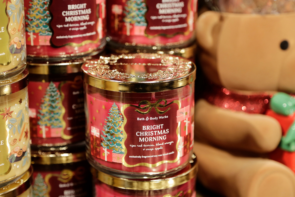FILE- An scented candle called Bright Christmas Morning is shown at a Bath and Body Works store on Wednesday, Oct. 9, 2024, in New York. (AP Photo/Peter Morgan, File)