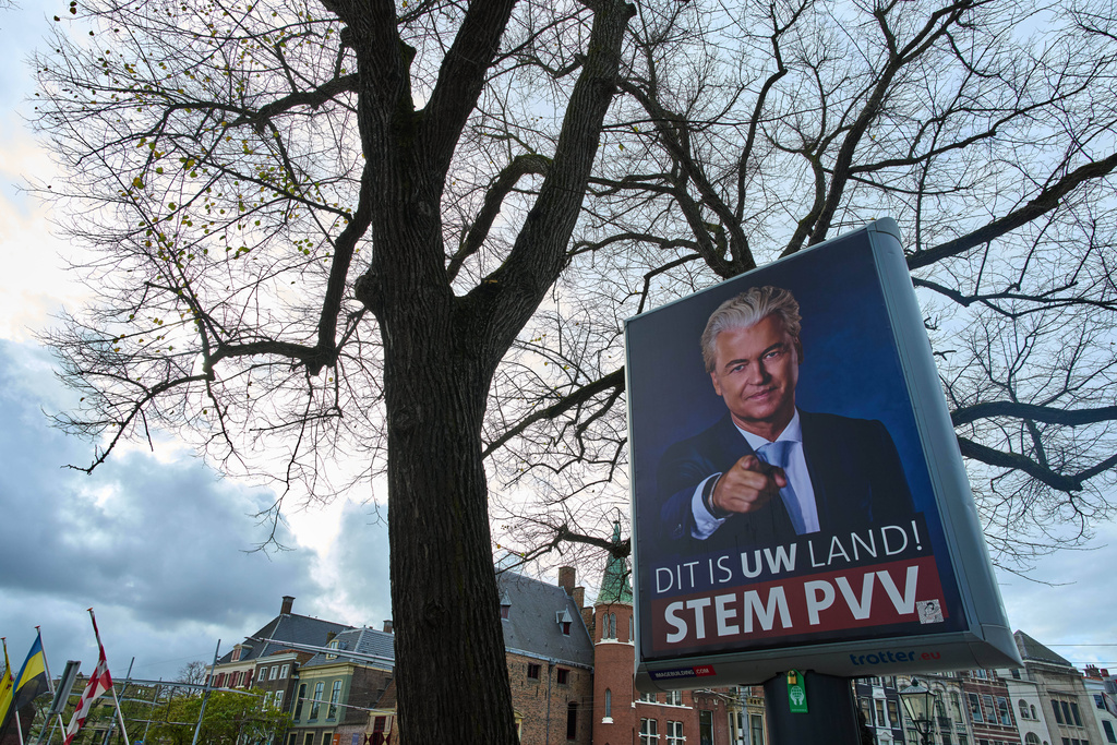 An election billboard for anti-islam lawmaker Geert Wilders' PVV party reading "This Is Your Land" is seen in The Hague, Netherlands, Wednesday, Oct. 22, 2025, ahead of the Oct. 29 general elections. (AP Photo/Peter Dejong)