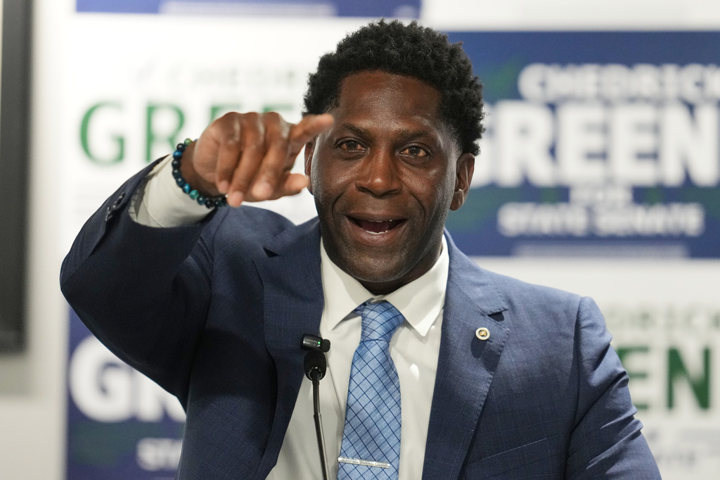 Chedrick Greene, Democratic candidate for 35th Senate District, speaks Tuesday, May 5, 2026 in Saginaw, Mich. (AP Photo/Paul Sancya)
