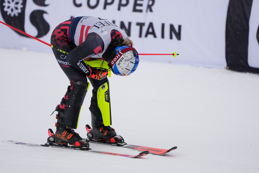 Albania's Lara Colturi reacts after her run during a World Cup women's slalom skiing race, Sunday, Nov. 30, 2025, in Copper Mountain. (AP Photo/John Locher)