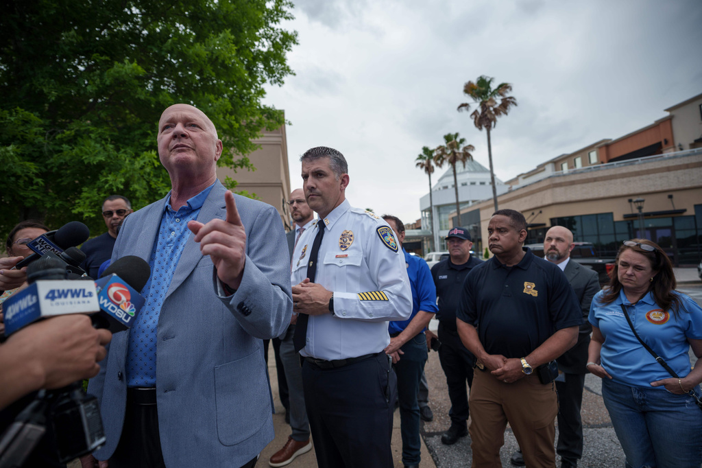 Mayor-President of Baton Rouge, left, speaks next to Police Chief Thomas S. "TJ" Morse, Jr. after a shooting at the Mall of Louisiana, Thursday, April 23, 2026, in Baton Rouge, La. (AP Photo/Matthew Hinton)