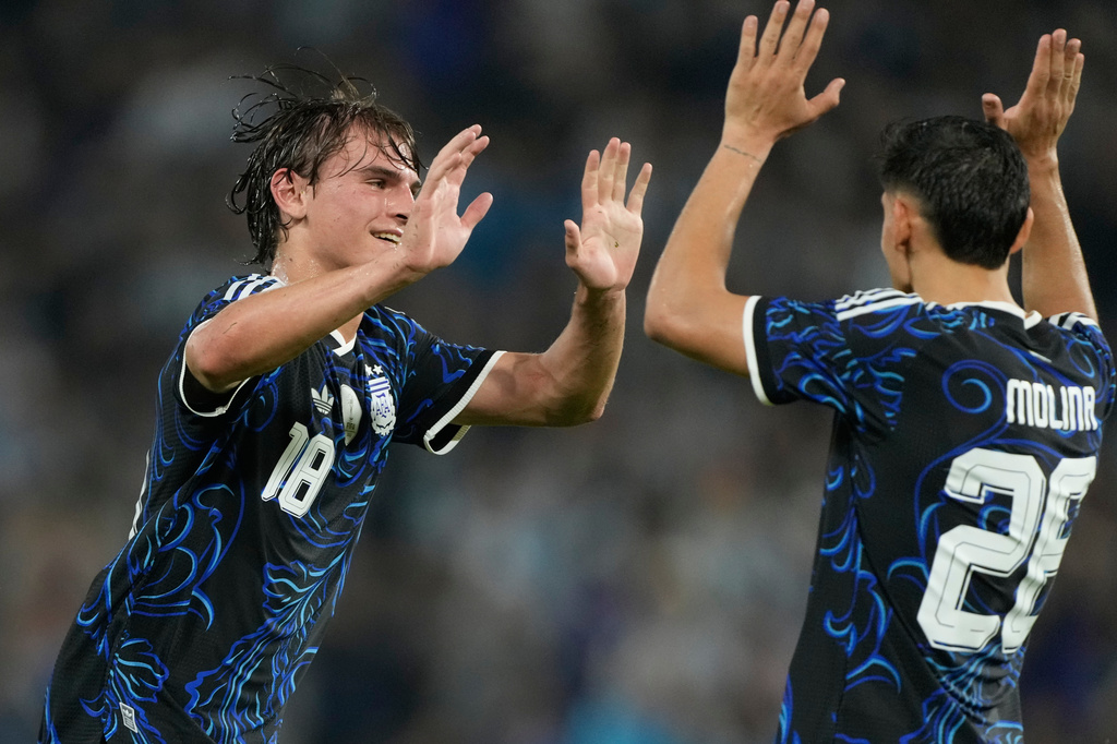 Argentina's Nicolas Paz celebrates scoring his side's second goal against Mauritania during a friendly match in Buenos Aires, Argentina, Friday, March 27, 2026. (AP Photo/Gustavo Garello)