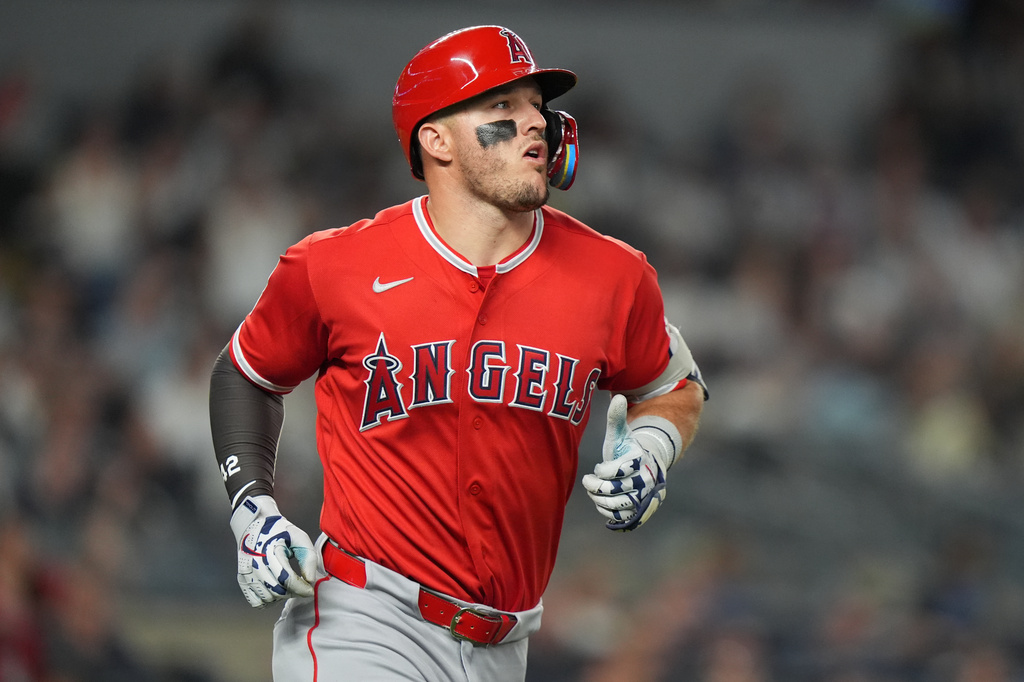 Los Angeles Angels' Mike Trout runs the bases after hitting a two-run home run during the fifth inning of a baseball game against the New York Yankees Wednesday, April 15, 2026, in New York. (AP Photo/Frank Franklin II)