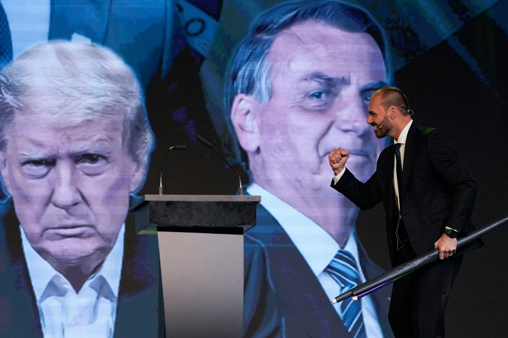 FILE - Eduardo Bolsonaro, the son of Brazil's former President Jair Bolsonaro, gestures while giving a speech during the Conservative Political Action Conference in Buenos Aires, Argentina, Dec. 4, 2024. (AP Photo/Natacha Pisarenko, File)