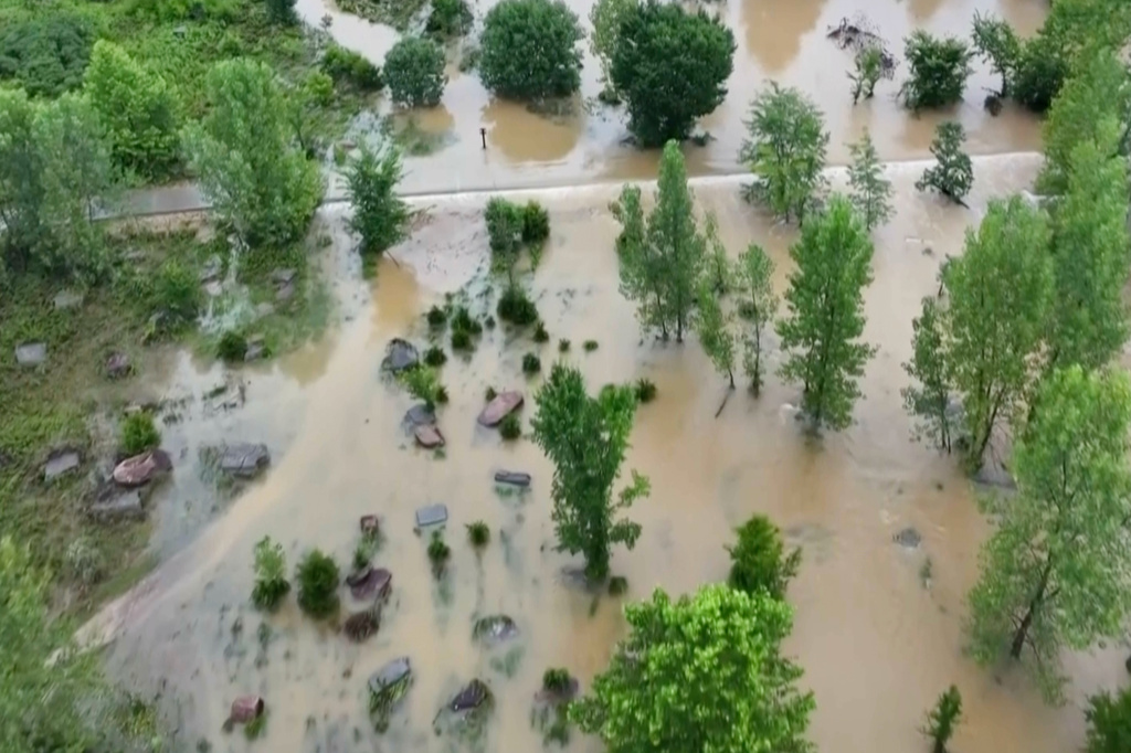 This image made from video provided by KTVI shows flash flooding in Lesterville, Mo., Friday, July 10, 2026. (KTVI via AP)